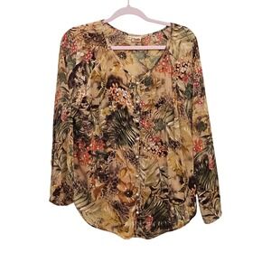 Tianello Blouse Womens Small Tan Floral Tropical Animal Print Pearl Button Boho